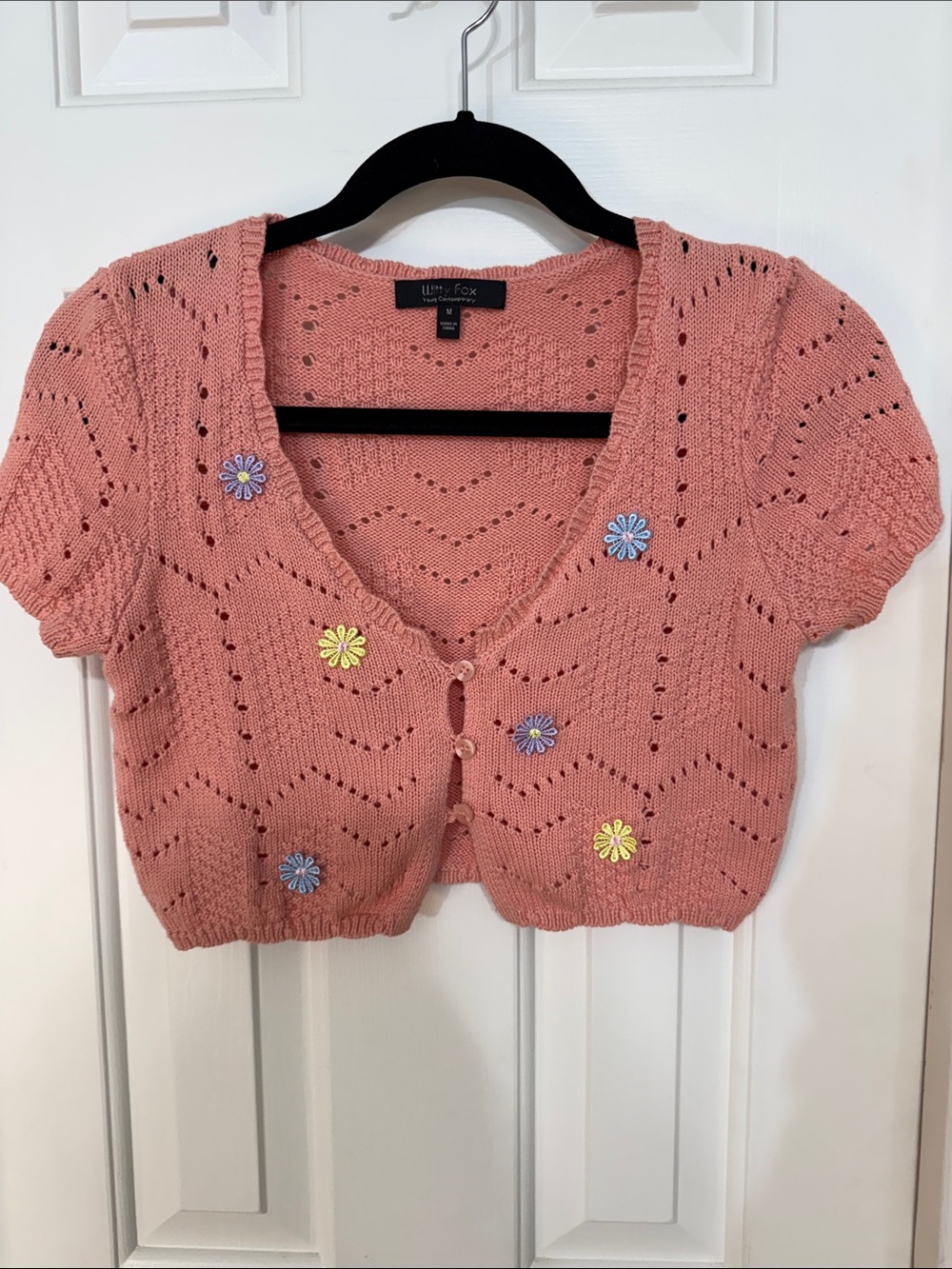 Witty Fox Girls Pink Crochet Flower Cropped Cardigan Sweater